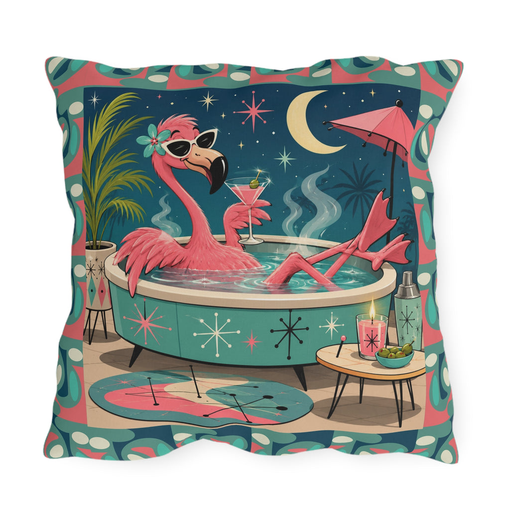 Retro Flamingo in Hot Tub Outdoor Pillow | Mid Century Tropical Patio Decor