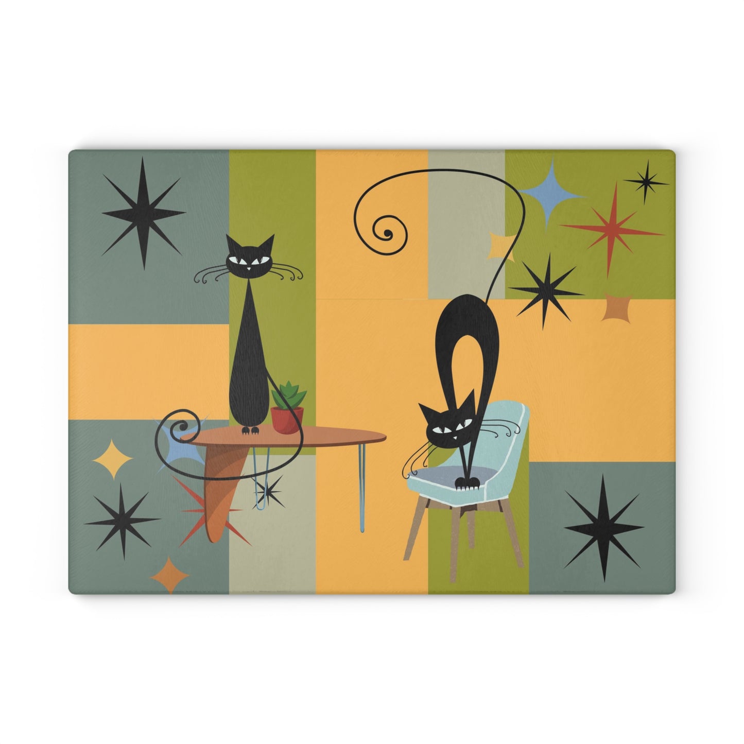 Atomic kitchen cat Glass Cutting Board, Cosmic cat, retro, Mid Century Modern, glass chopping board