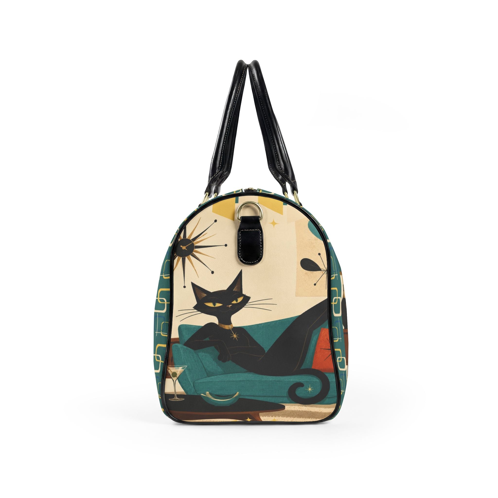 Retro Lounge Atomic Cat Faux Leather Travel Bag | Mid Century Modern Cat Design