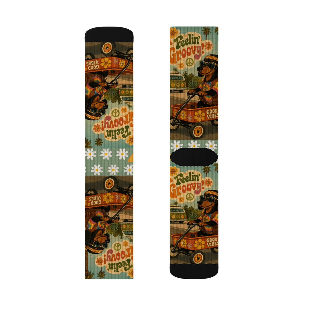 Feelin' Groovy Retro Dachshund Illustration Socks | Vintage Hippie Floral Pattern