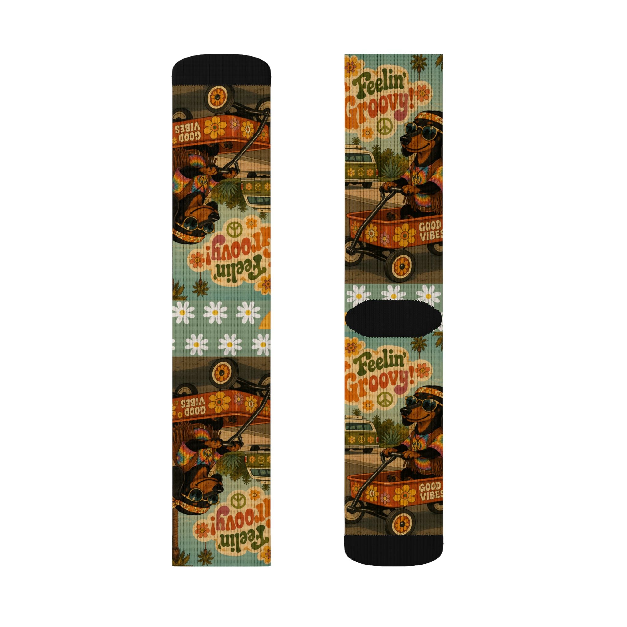 Feelin' Groovy Retro Dachshund Illustration Socks | Vintage Hippie Floral Pattern