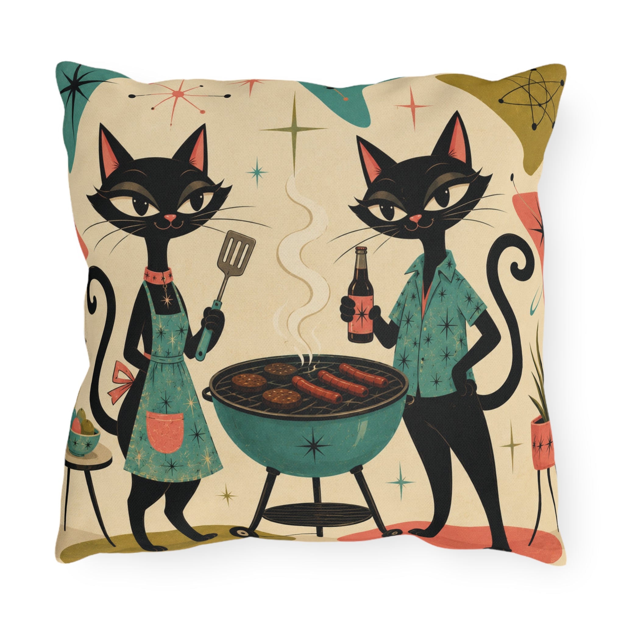 Retro Atomic Black Cats BBQ Outdoor Pillow | Mid Century Modern Cat Grill Decorative Cushion