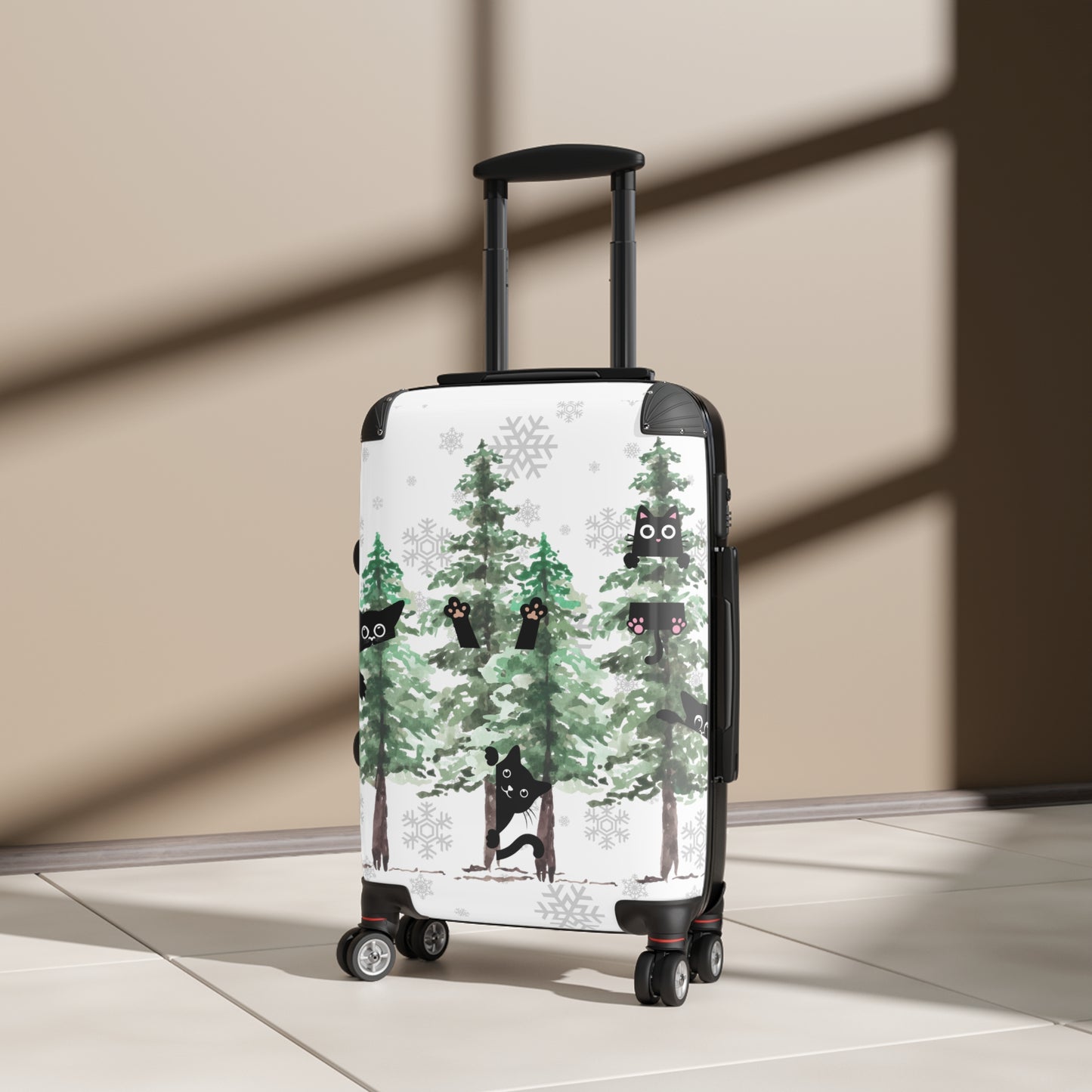 Happy holidays cute cat rolling travel Suitcase, pine trees, christmas carry on, christmas fall lumbar luggage