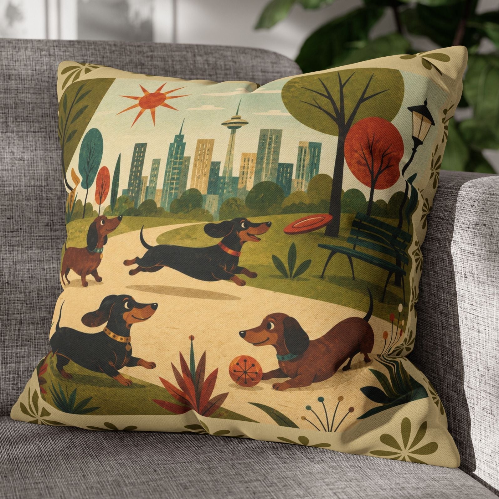 MCM Dachshund Park Scene Pillowcase | Square Decorative Throw Pillowcase - COVER ONLY