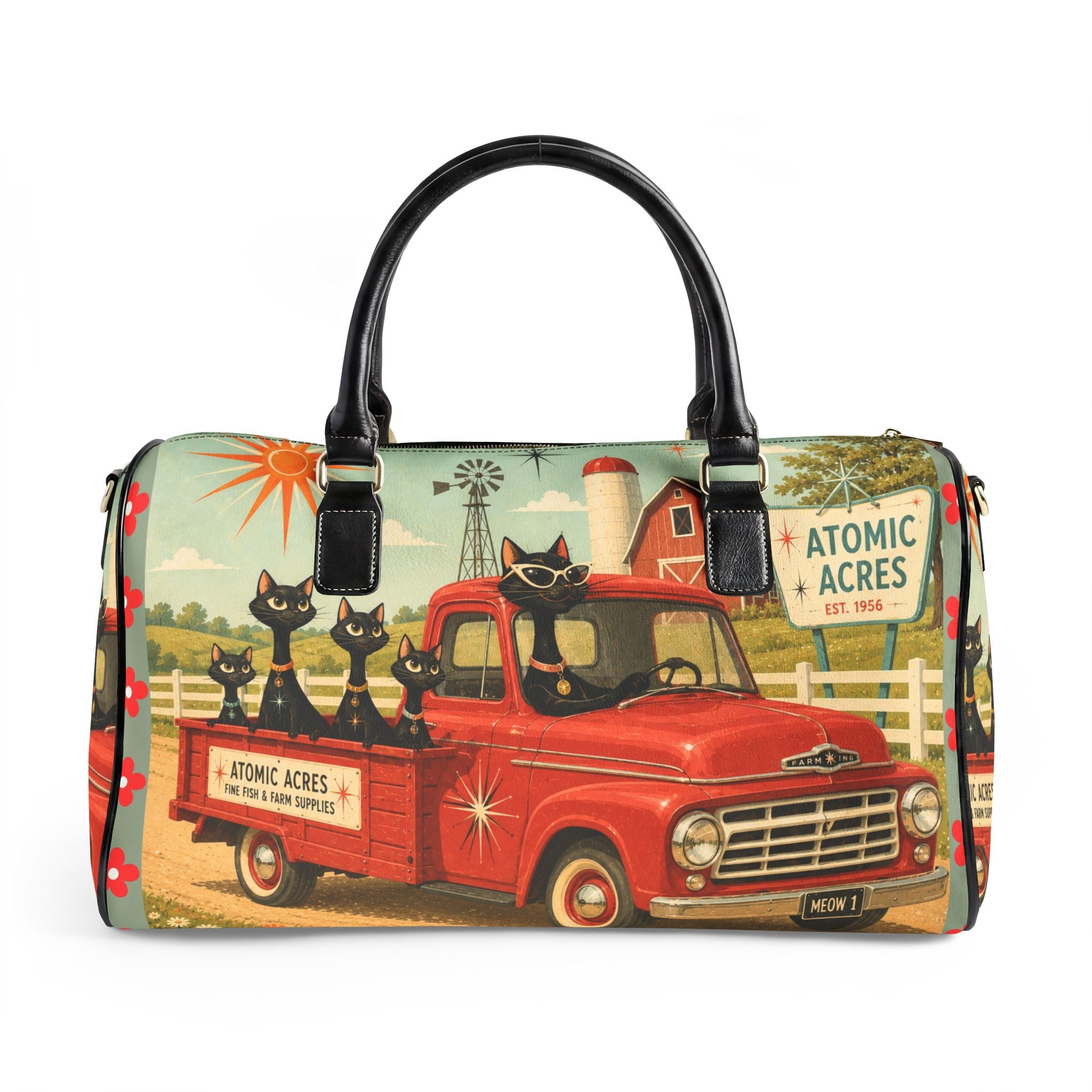 Retro Atomic Cats Truck Faux Leather Travel Bag | Atomic Acres Vintage Roadside Art