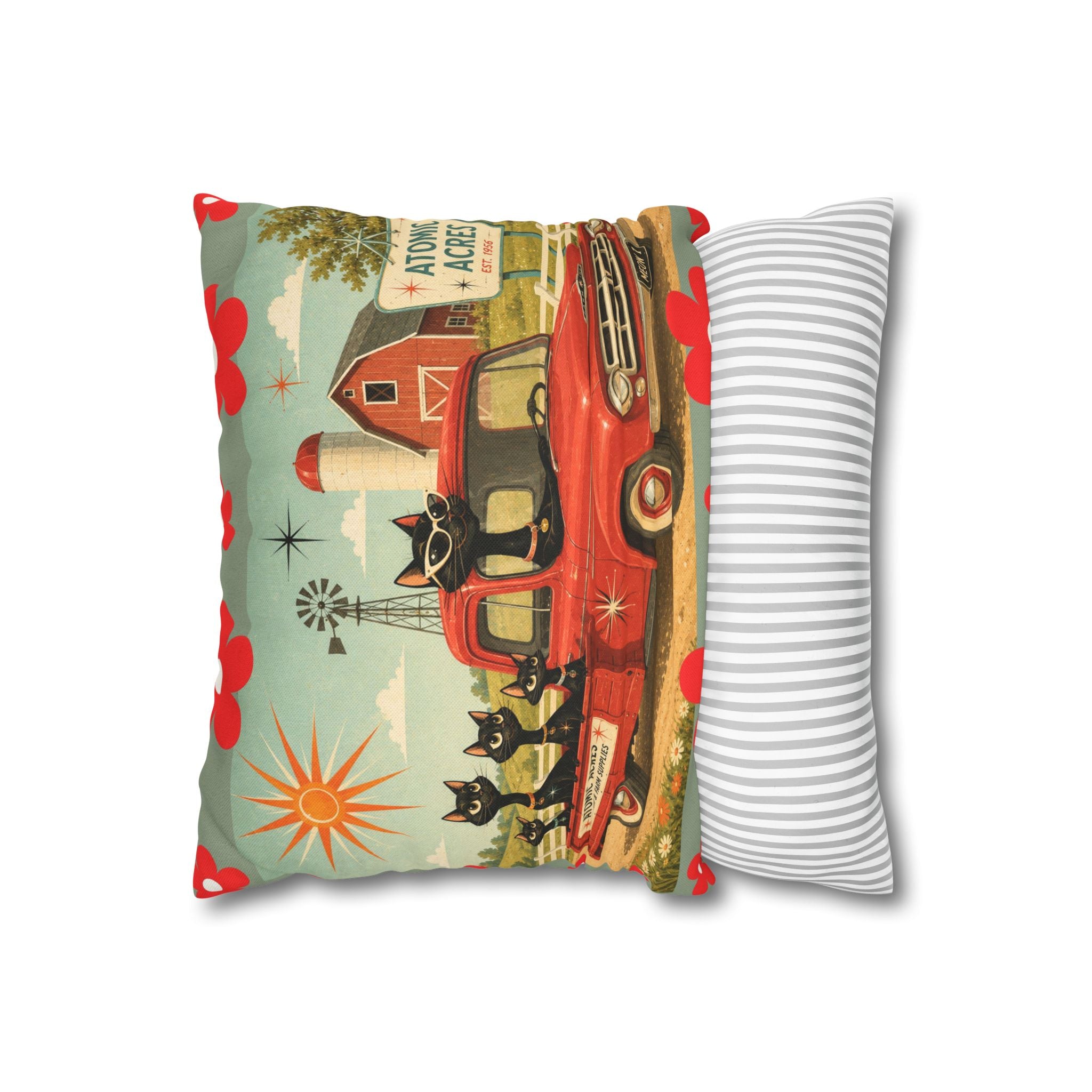 Retro Red Truck with Atomic Black Cats and kittens Pillowcase | MCM Square Pillowcase - COVER ONLY