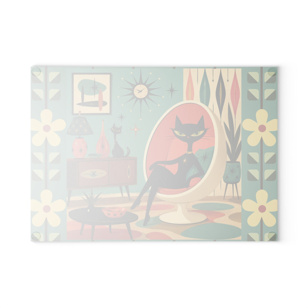 Retro Lounge Atomic Cat Glass Cutting Board | Mid Century Modern Kitchen Decor