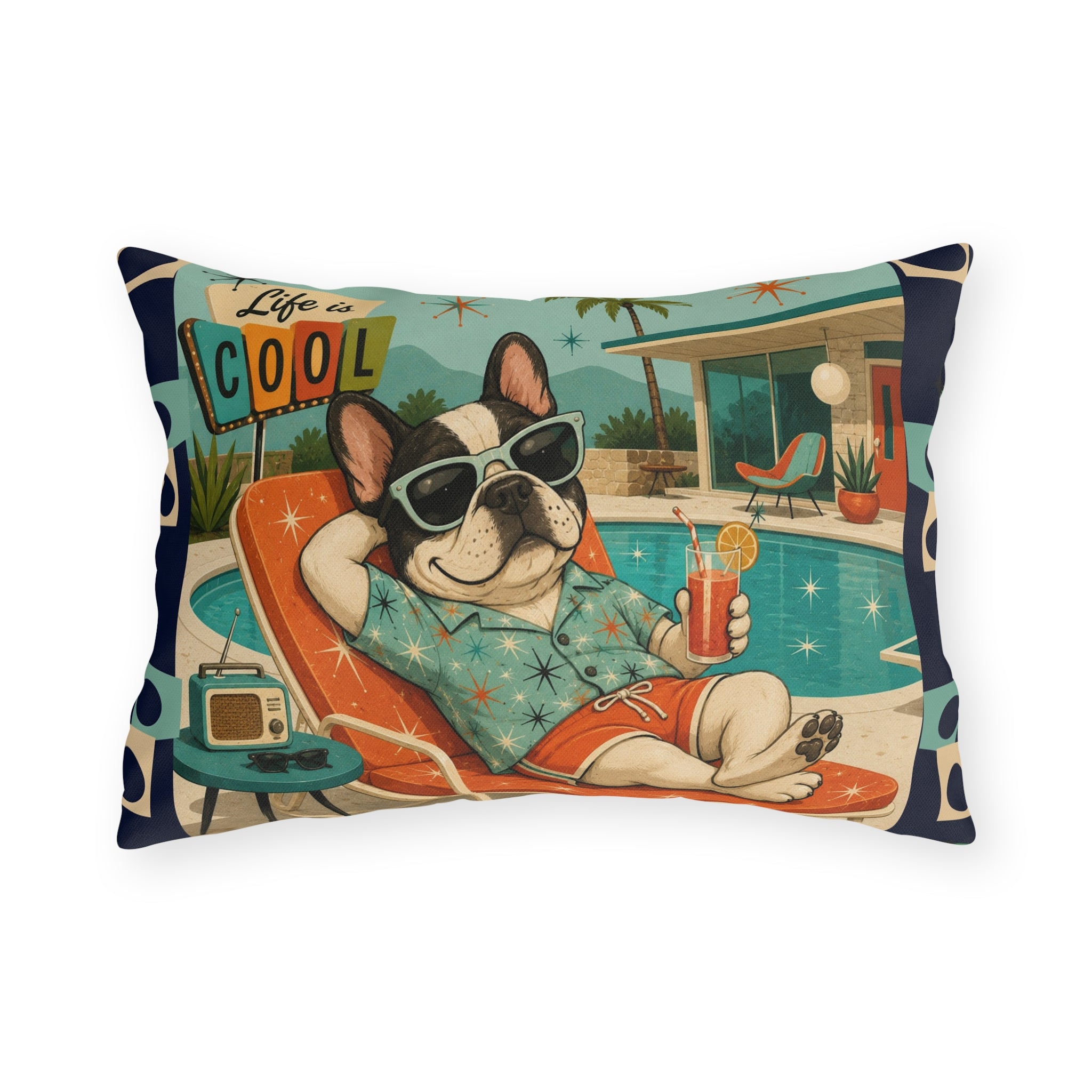Retro French Bulldog Poolside Lounge Outdoor Pillow | Mid Century Cool