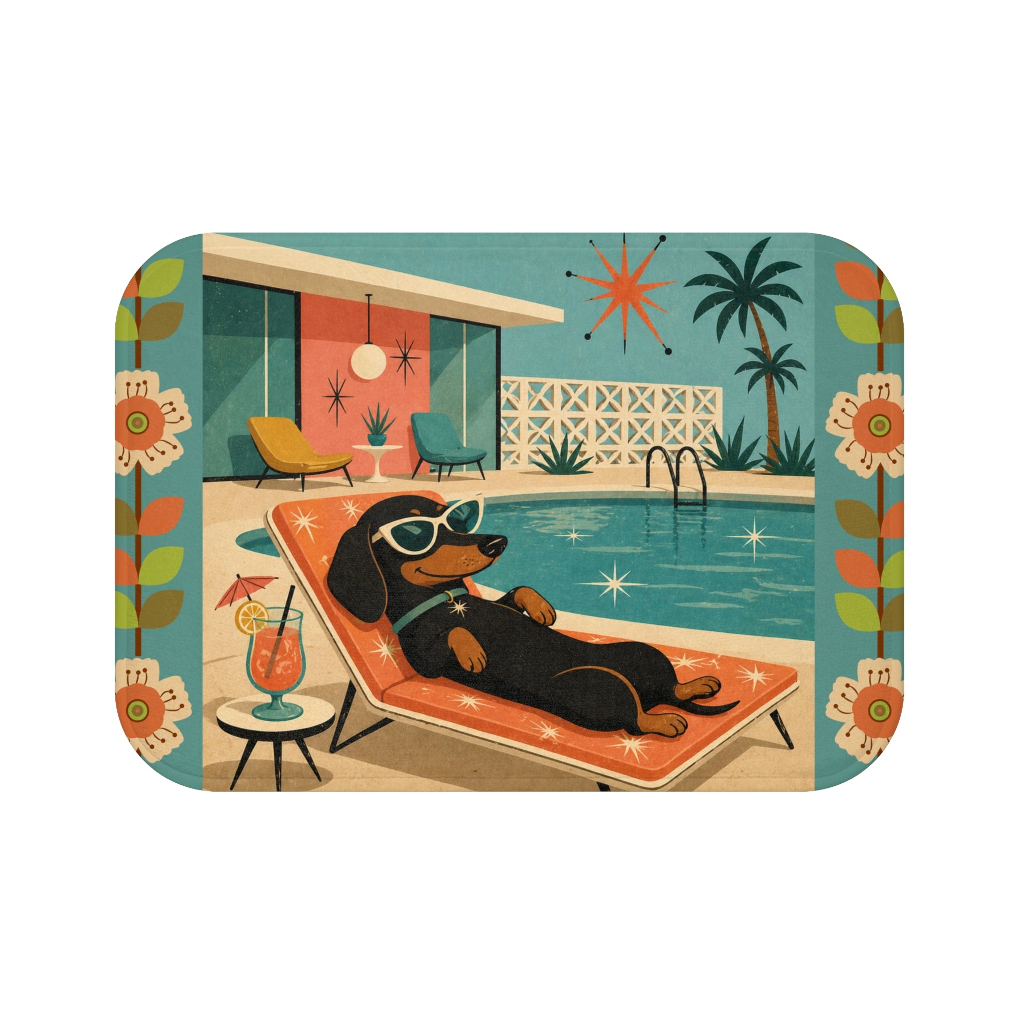 Dachshund Poolside Retro Illustration Bath Mat | Mid Century Tropical Vibe