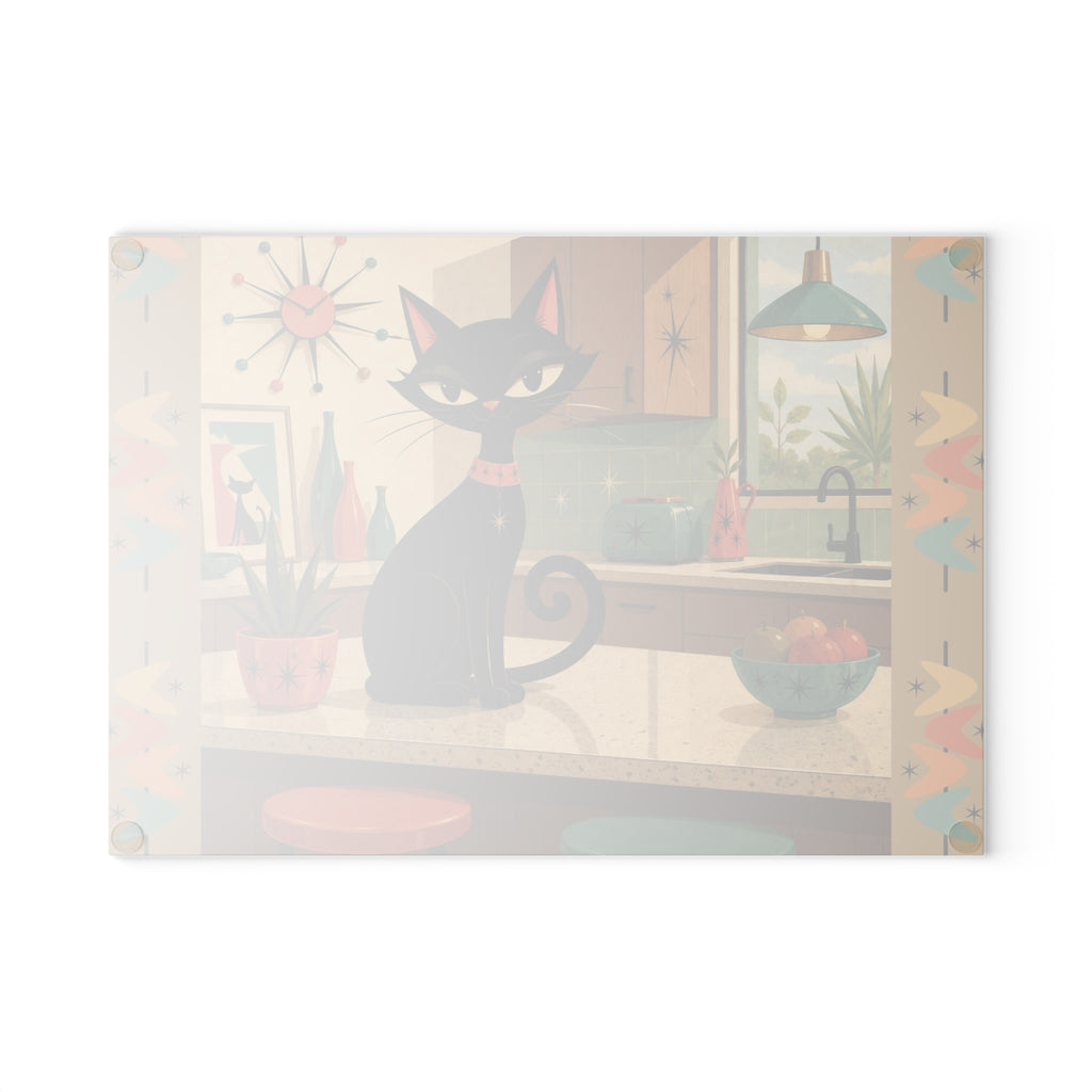Retro Atomic Black Cat Kitchen Glass Cutting Board | Mid Century Cat Art
