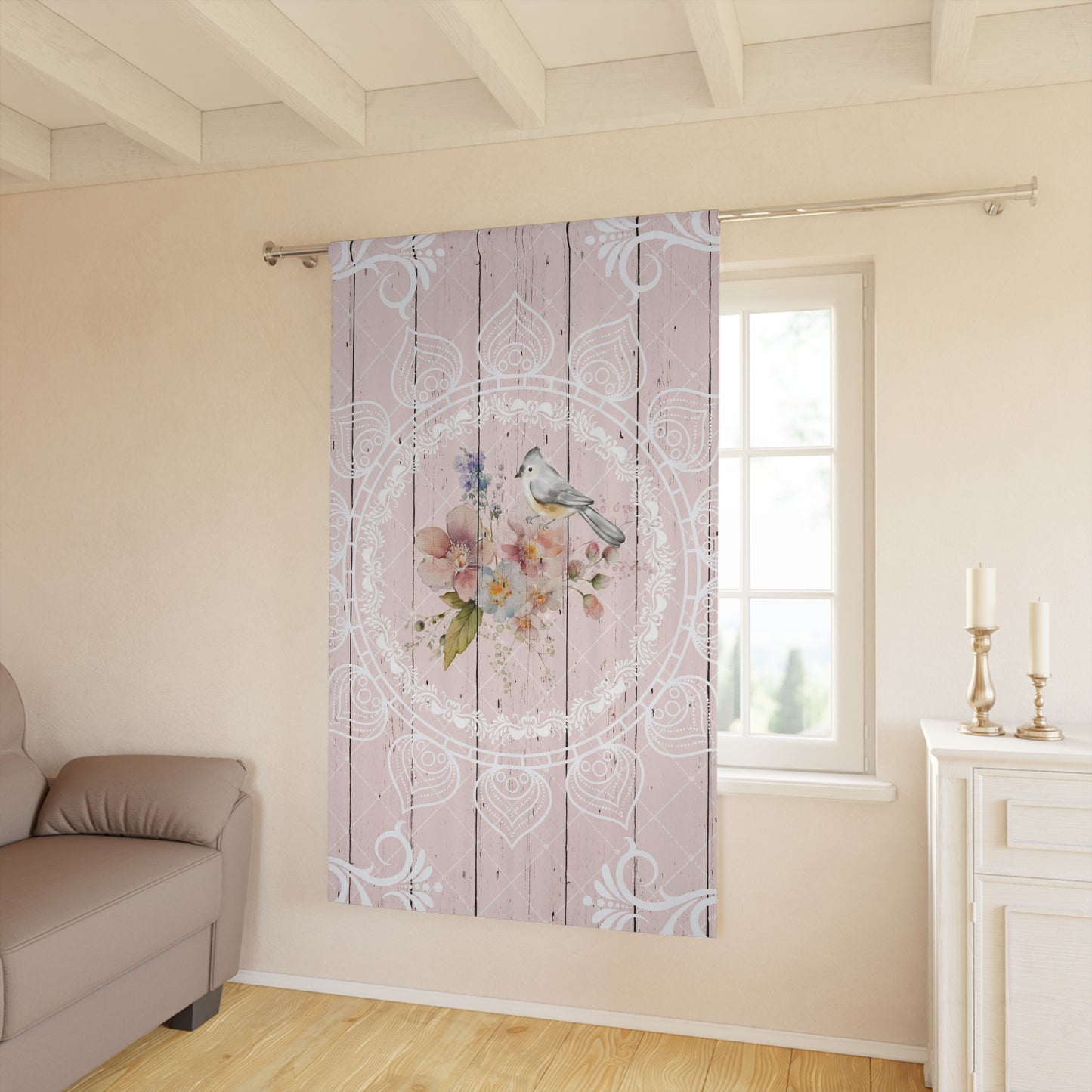 Blush pink bird shabby chic "Woodgrain Look" Window Curtains (1 Piece), vintage inspired curtain, blackout curtain