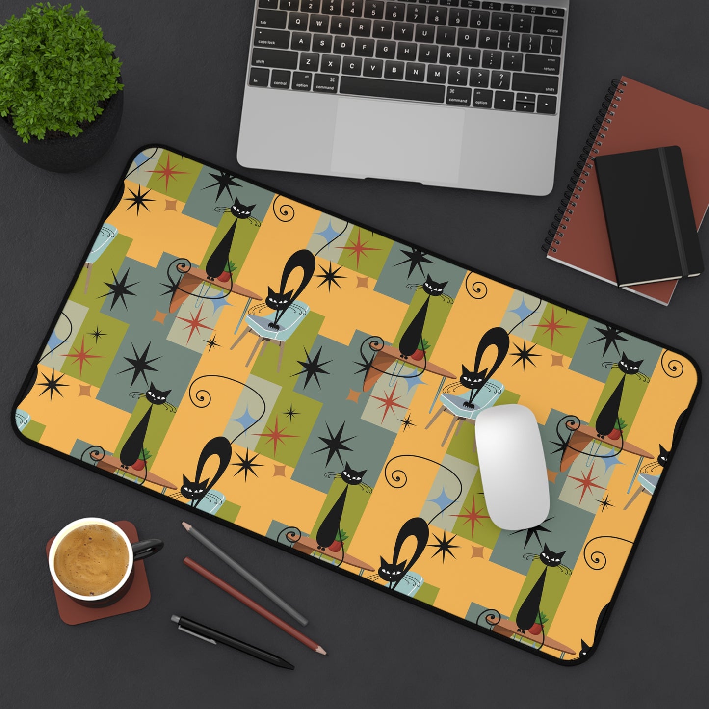 Atomic cat retro inspired Desk Mat, black cat lover, work from home, office decor, computer mousepad