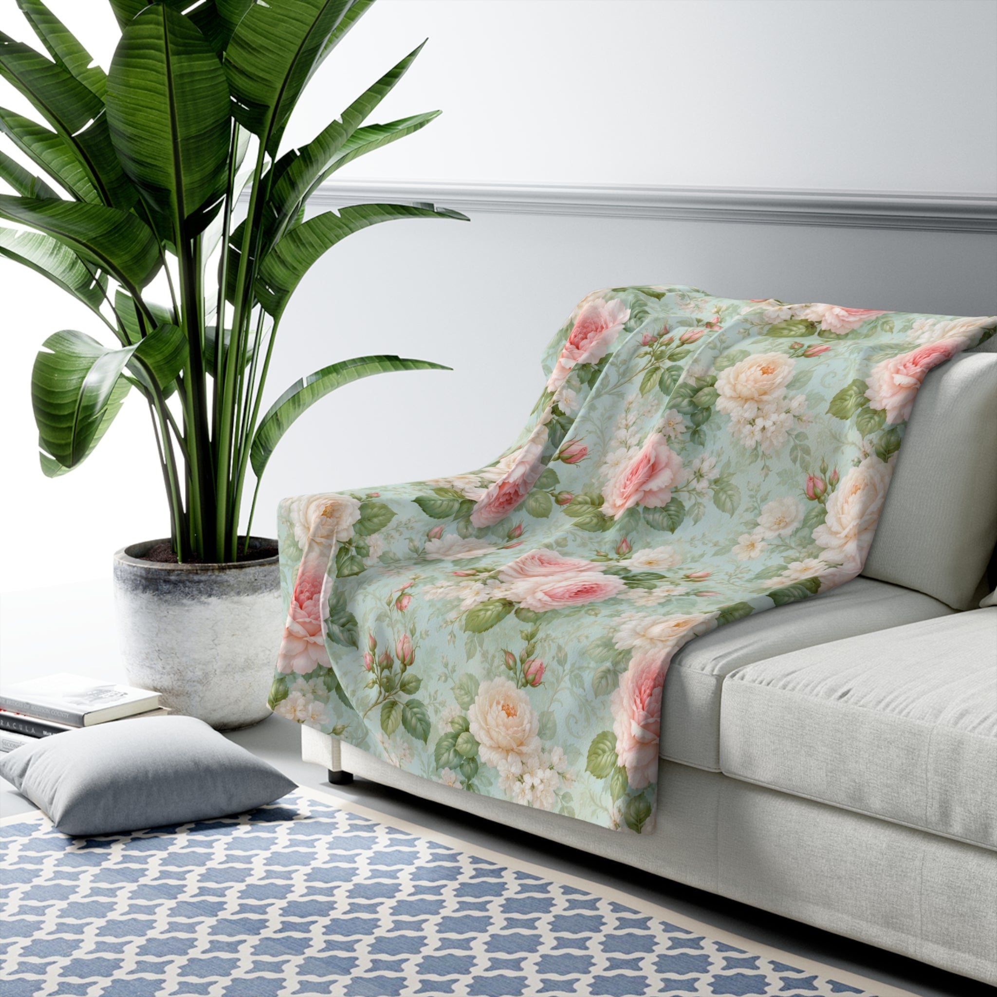 Vintage Pink Roses Sherpa Blanket | Floral Rose Throw, Shabby Chic