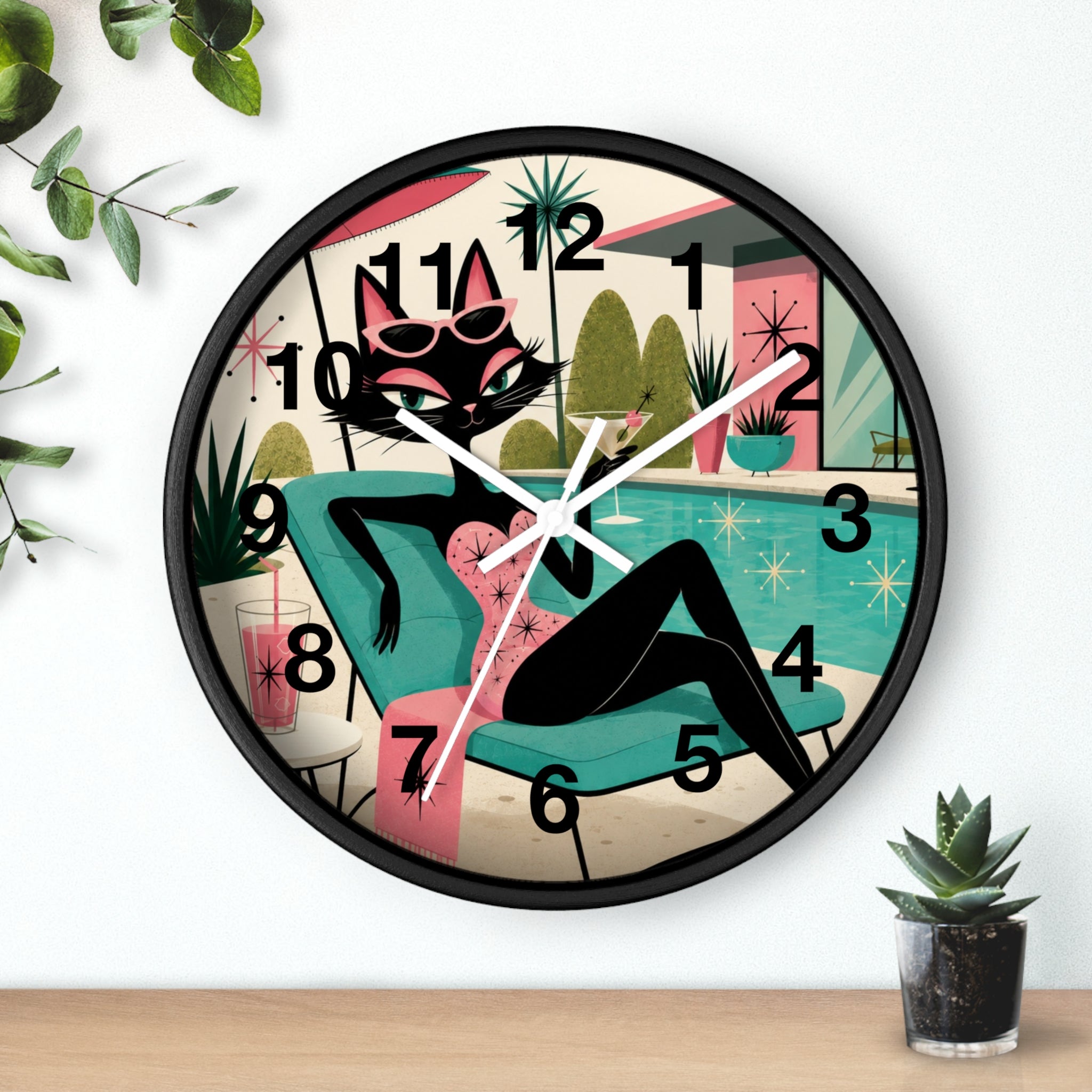 Retro Atomic Cat Lounge Wall Clock | Mid Century Modern Poolside Cat Art
