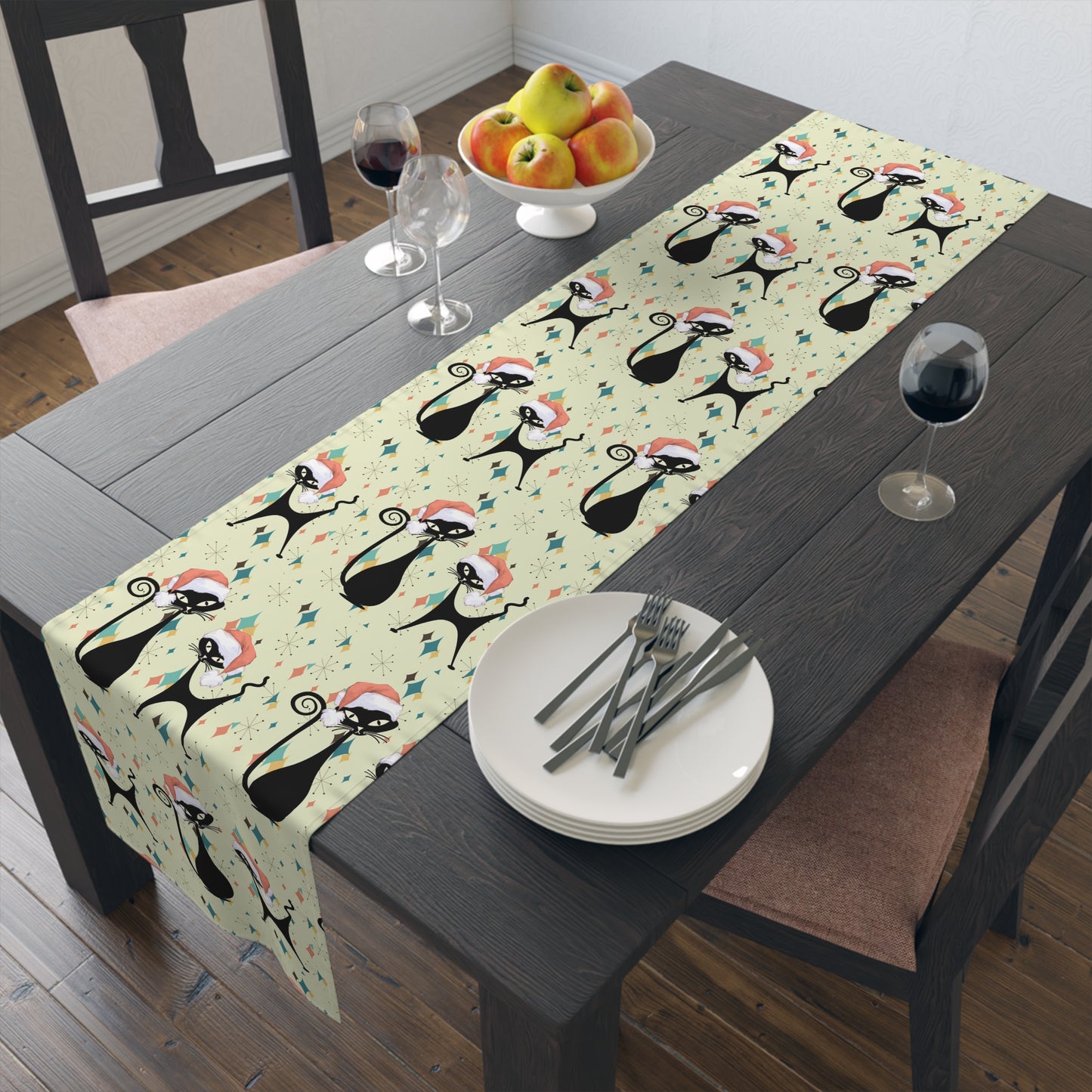 Atomic cat Christmas Retro Table Runner (Cotton, Poly), MCM Xmas tableware, Kitschy Christmas, Mid Century Christmas, black cat lover gift