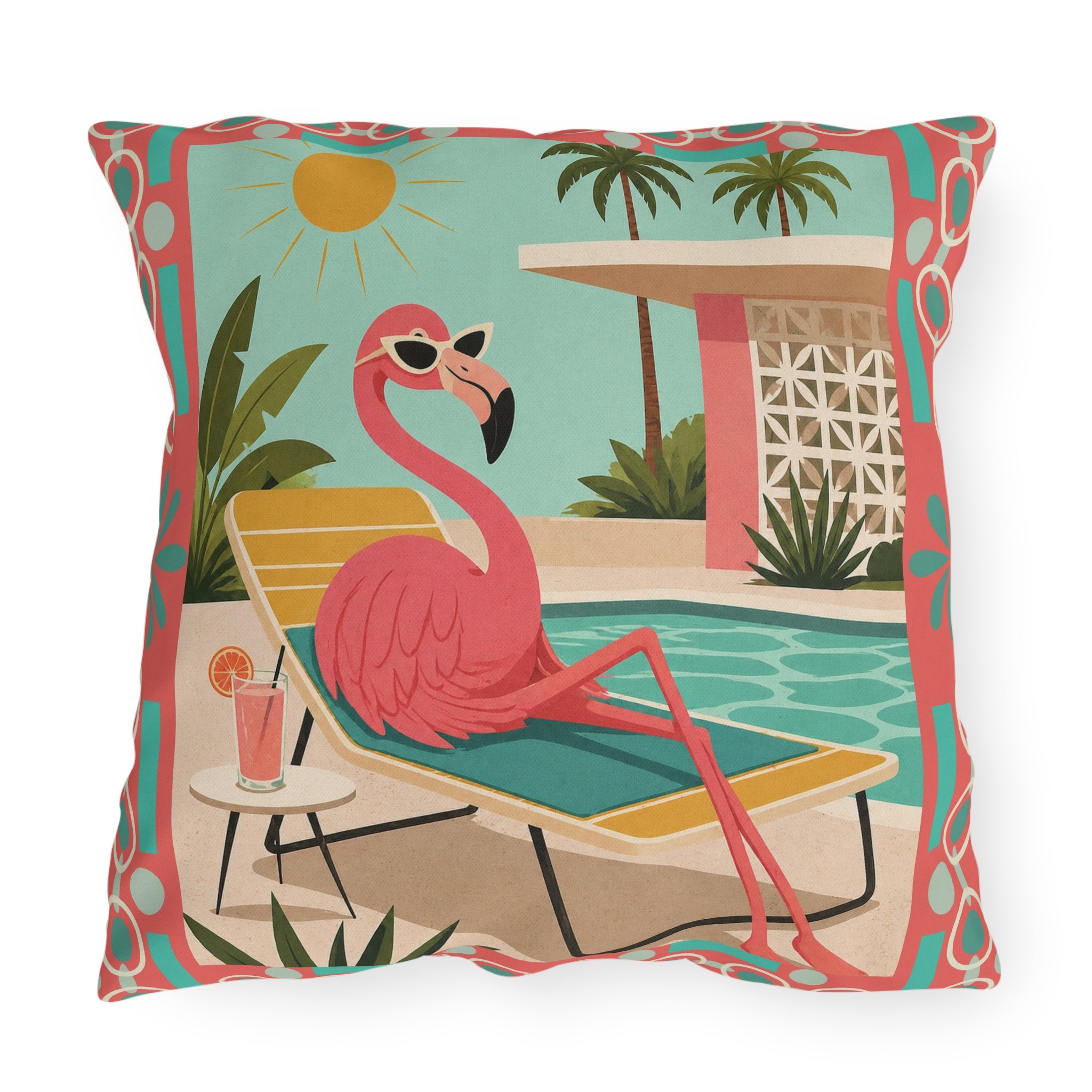 MCM Pink Flamingo Poolside Outdoor Pillow | Retro Mid Century Tropical