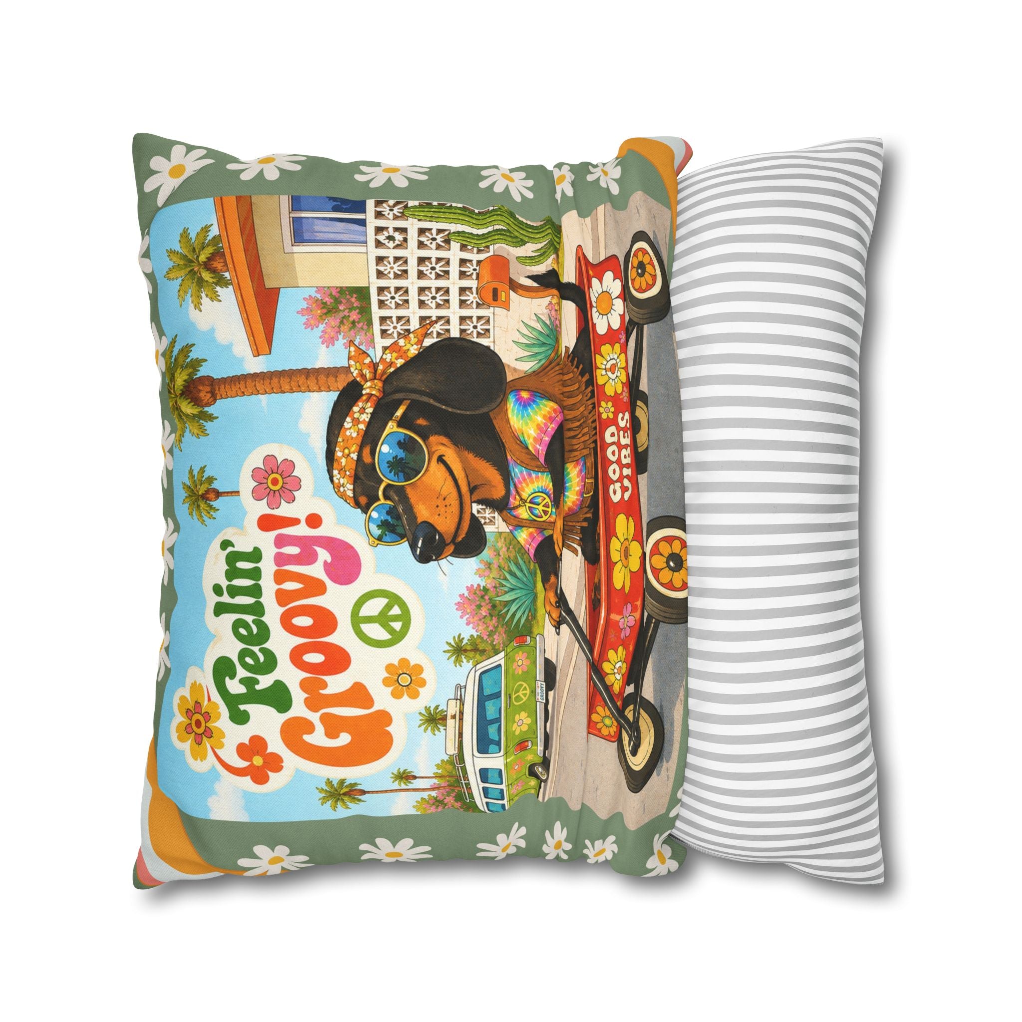 Feelin' Groovy retro Dachshund Pillowcase | 60s 70s pattern Square Decorative Pillow