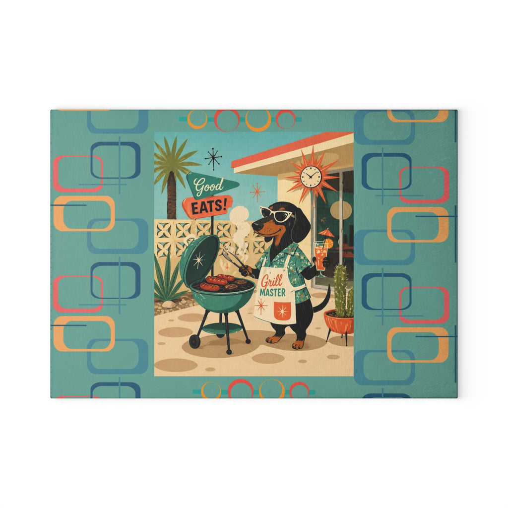 Retro Dachshund BBQ Glass Cutting Board | Mid Century Grill Dog Kitchen Decor