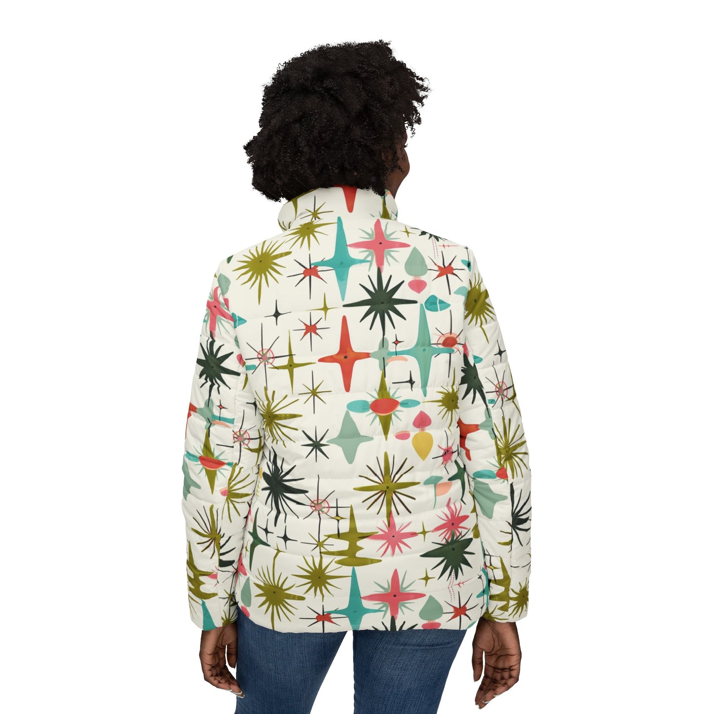 MCM Starburst retro inspired Womens Puffer Jacket, ladies jacket, Mid Century Modern jacket