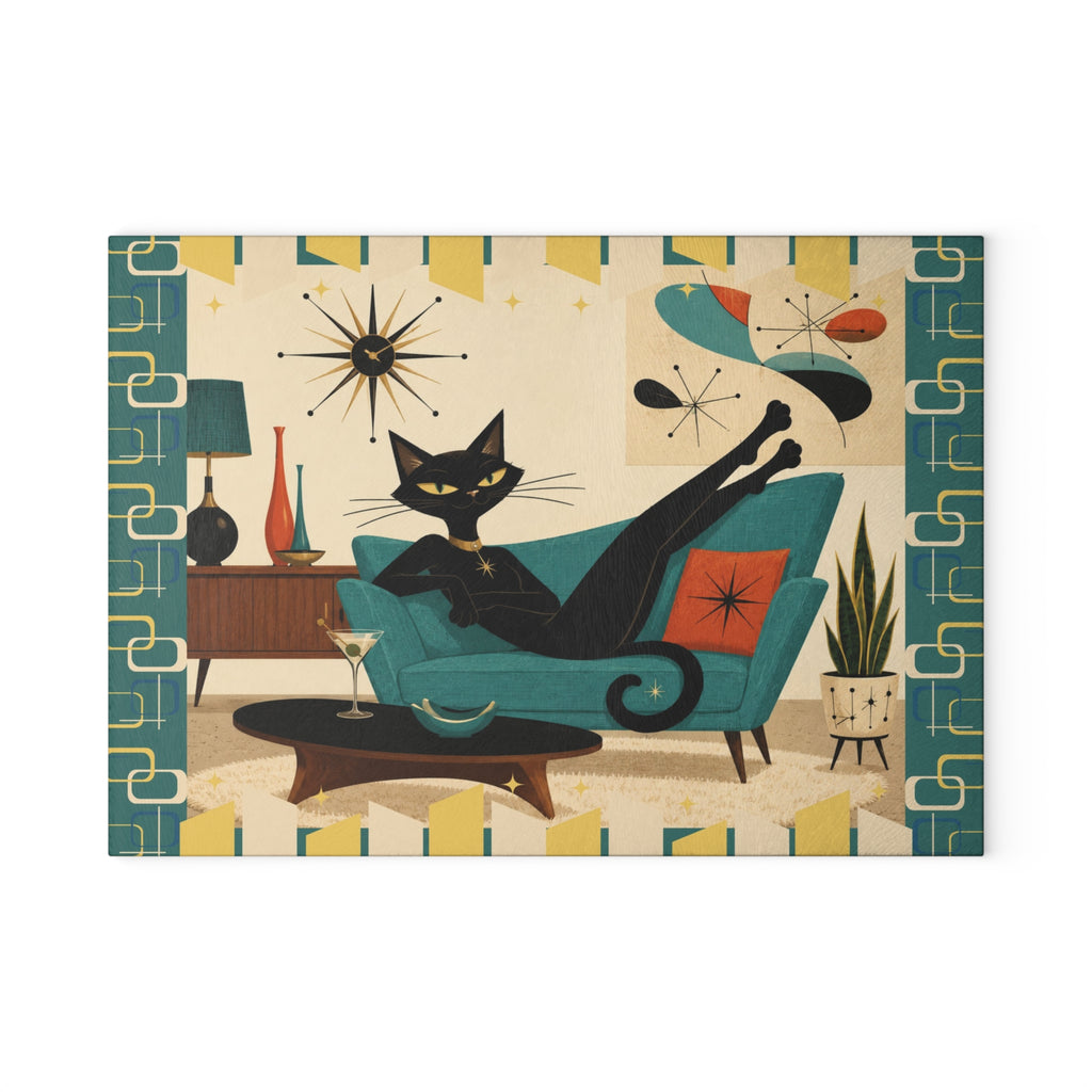 Mid Century Lounge Atomic Cat Glass Cutting Board | Retro Atomic Home Kitchen Decor