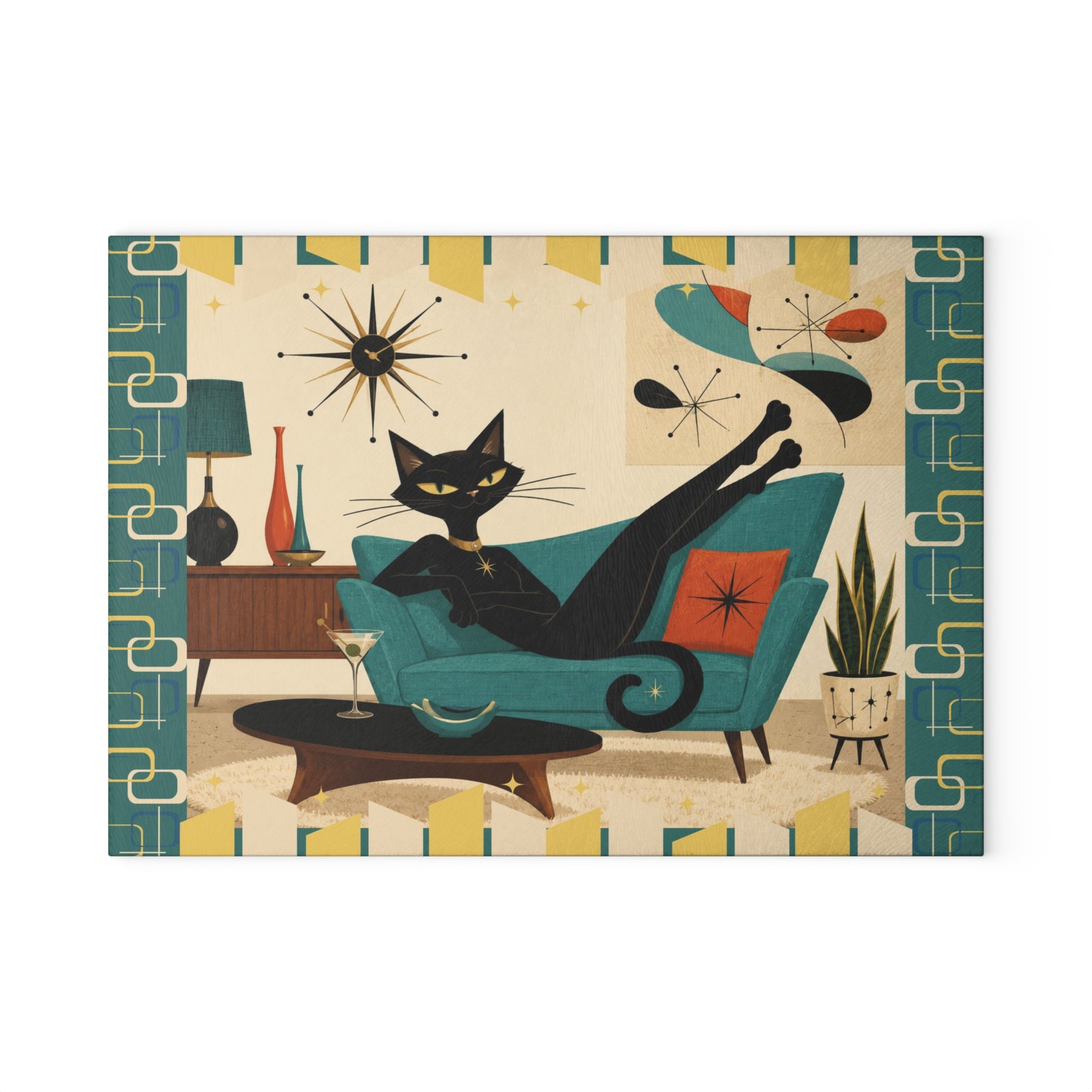 Mid Century Lounge Atomic Cat Glass Cutting Board | Retro Atomic Home Kitchen Decor