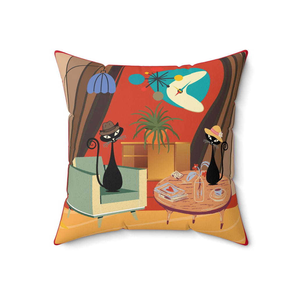 Atomic cat MCM Spun Polyester Square Pillow, retro scatter throw cushion, Mid Century Modern, black cat lover gift