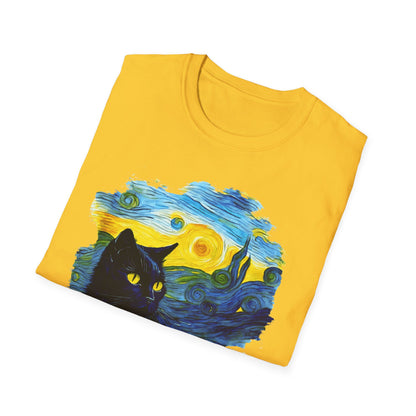 Cute black Cat with Van Gogh inspired Unisex Softstyle T-Shirt