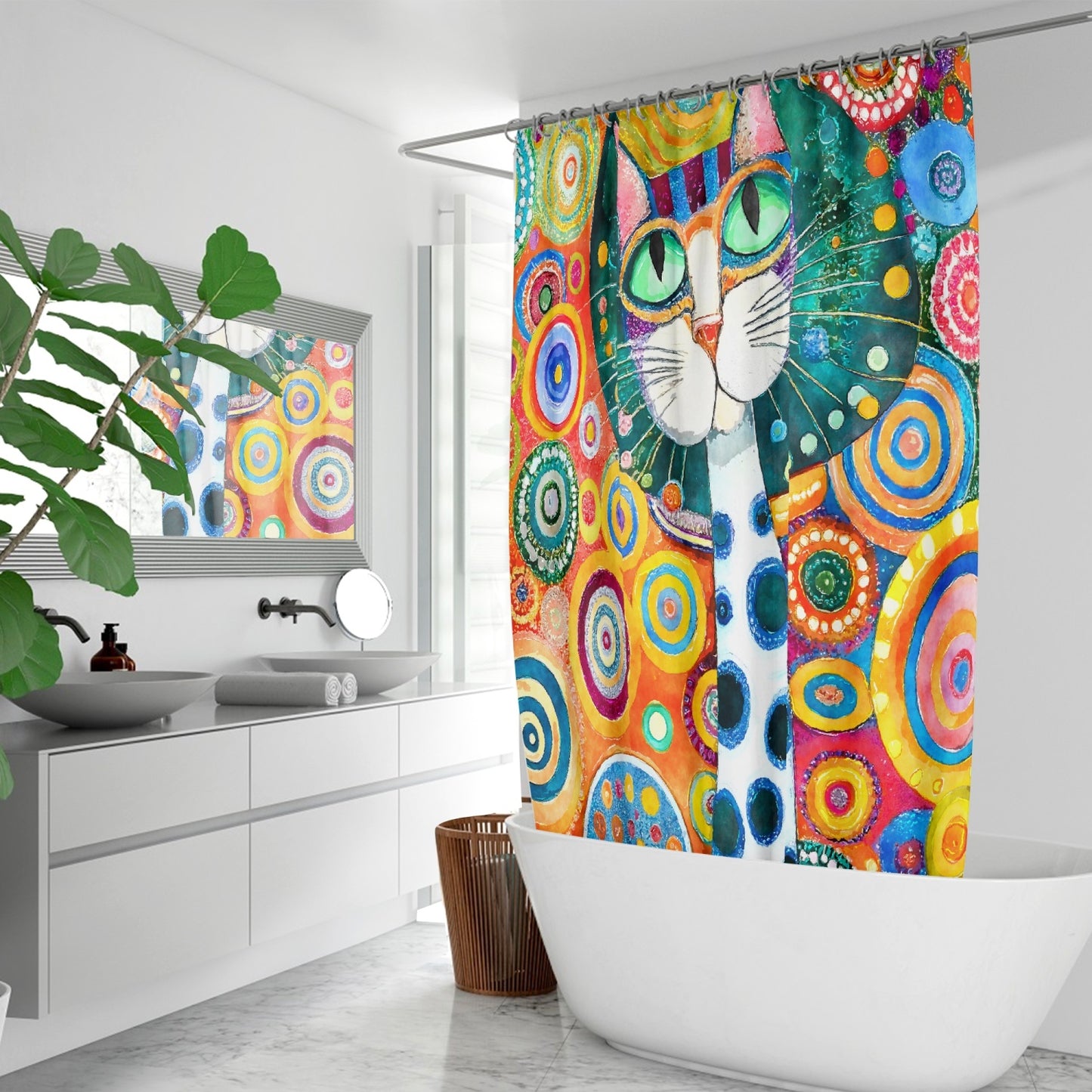 Colorful Klimt cat inspired art Quick-drying Shower Curtain, cat lover shower curtain