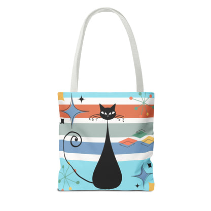 Atomic cat retro tote bag, black cat lover, mid century modern tote carry bag