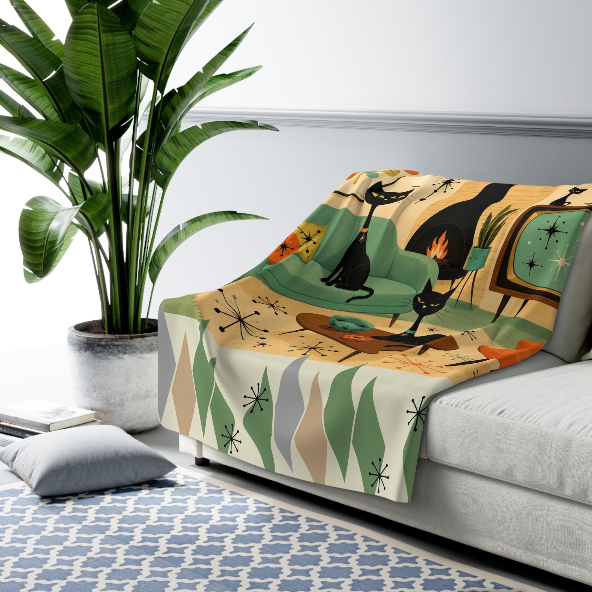 Mid Century Atomic Black Cats Living Room Sherpa Fleece Blanket | Retro Atomic Art