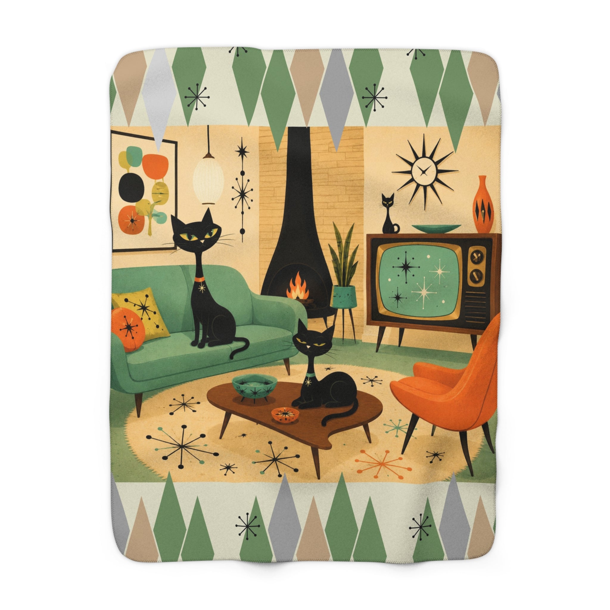 Mid Century Atomic Black Cats Living Room Sherpa Fleece Blanket | Retro Atomic Art
