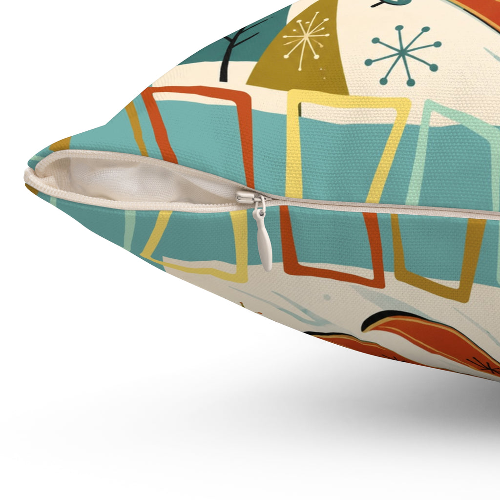 MCM Skiing Dachshund Pillow | Square Polyester Throw Pillow, Retro Winter Ski Art