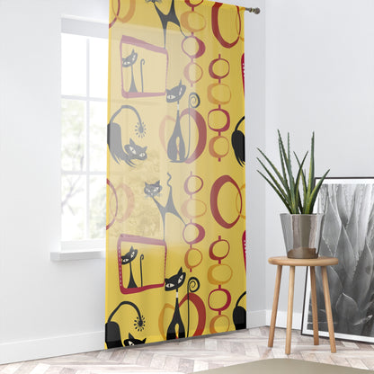 Yellow and red atomic cat retro inspired sheer Window Curtain, mid century modern, MCM home decor