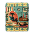 Mid-Century Retro Atomic Cat in Egg chair Lounge Sherpa Fleece Blanket | Vintage Mod Cat