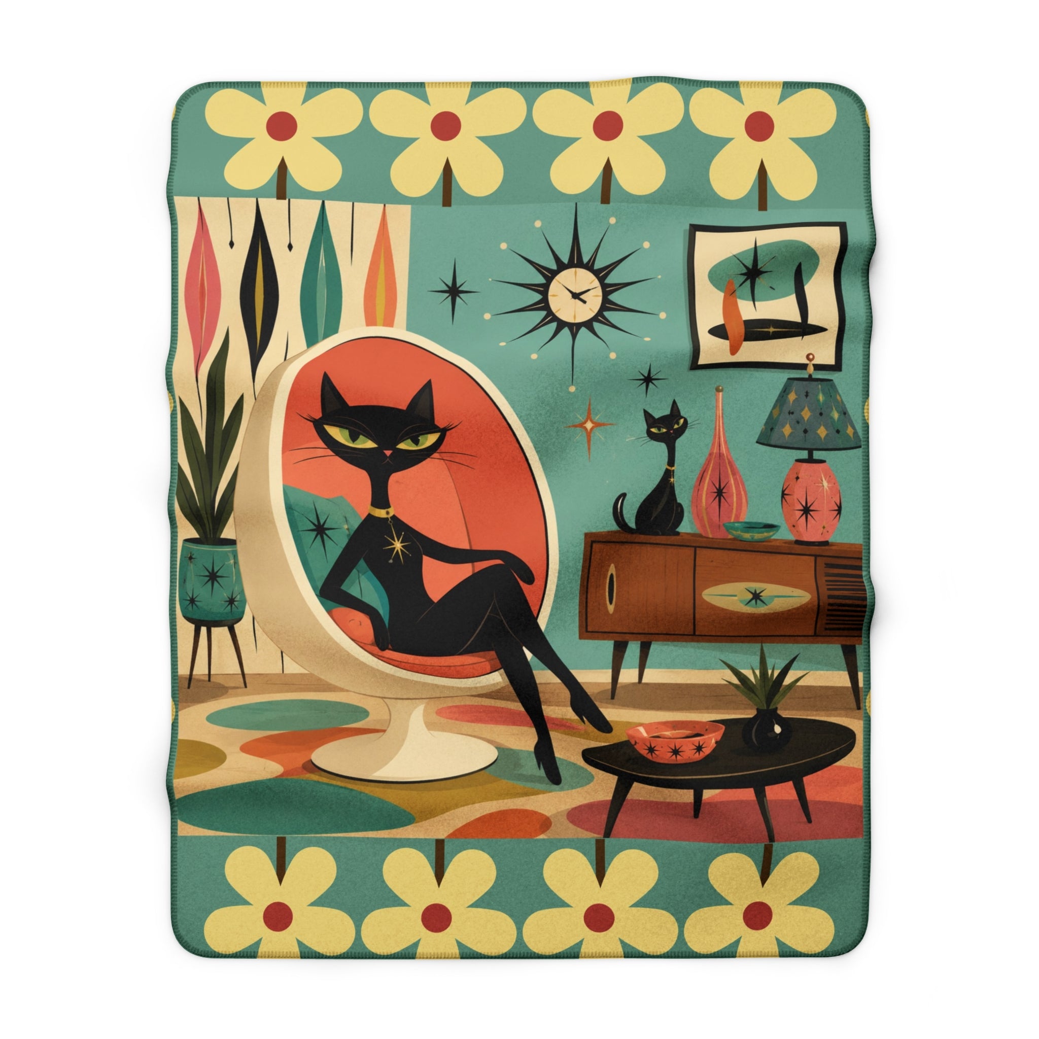 Mid-Century Retro Atomic Cat in Egg chair Lounge Sherpa Fleece Blanket | Vintage Mod Cat