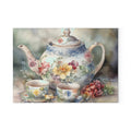 Vintage Charm Glass Cutting Board with Tea Pot and Floral Design