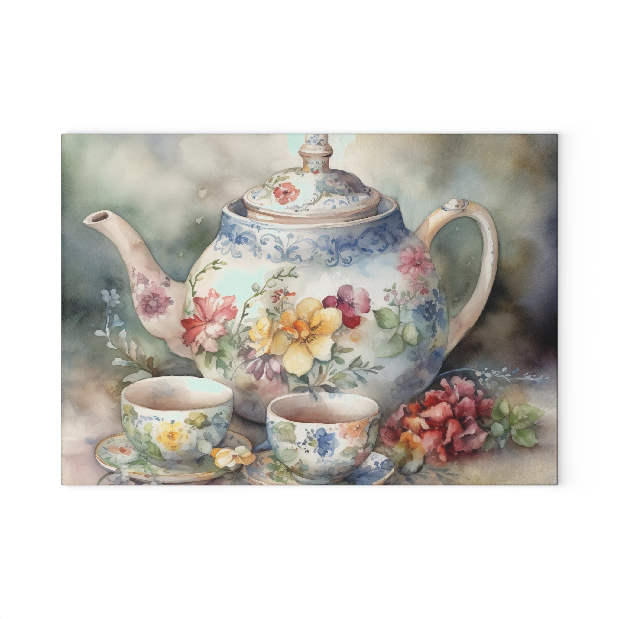 Vintage Charm Glass Cutting Board with Tea Pot and Floral Design