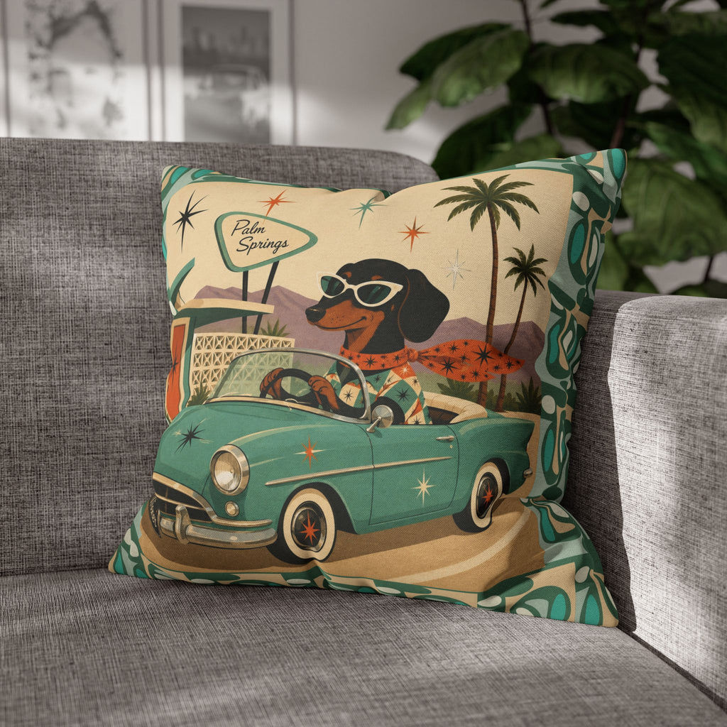 Retro Dachshund Driving Convertible Pillowcase | Palm Springs Vintage Car - COVER ONLY