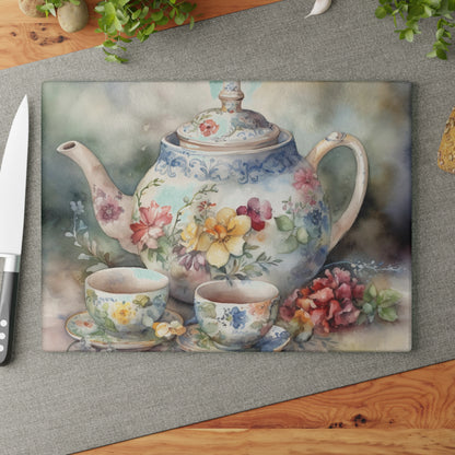 Vintage Charm Glass Cutting Board with Tea Pot and Floral Design