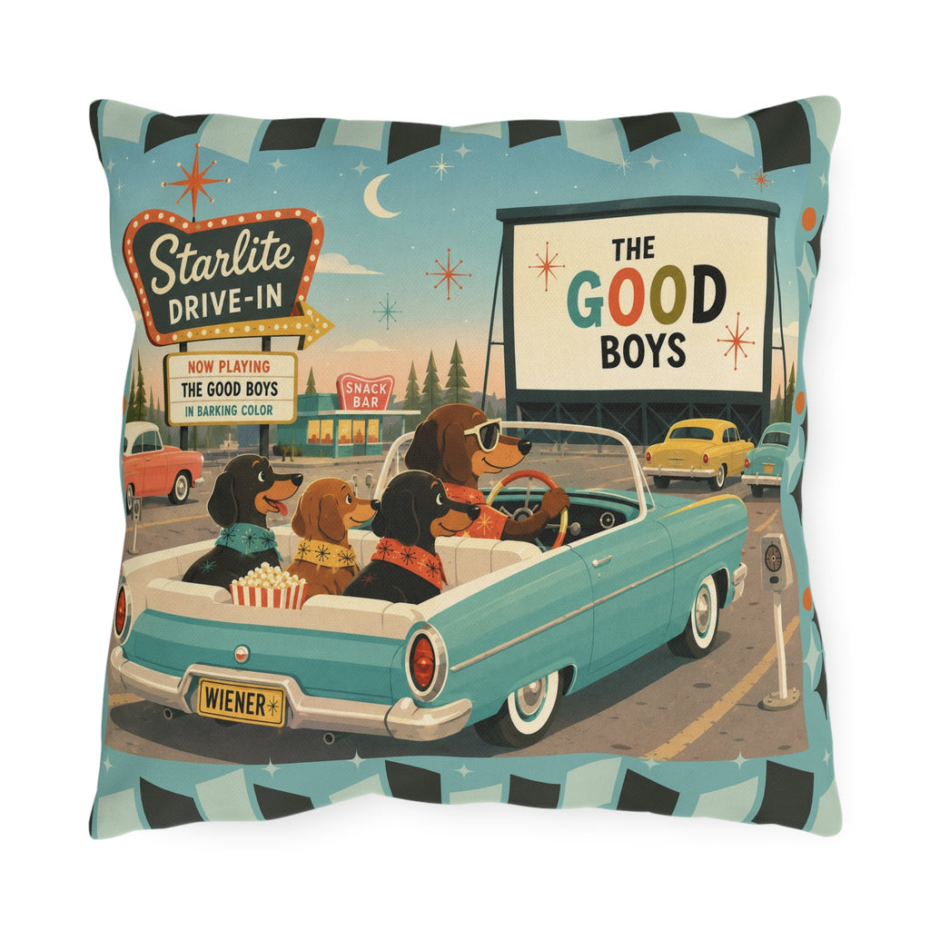 MCM Dachshund Drive-In Dogs Retro Art Outdoor Pillow | Vintage Movie Night