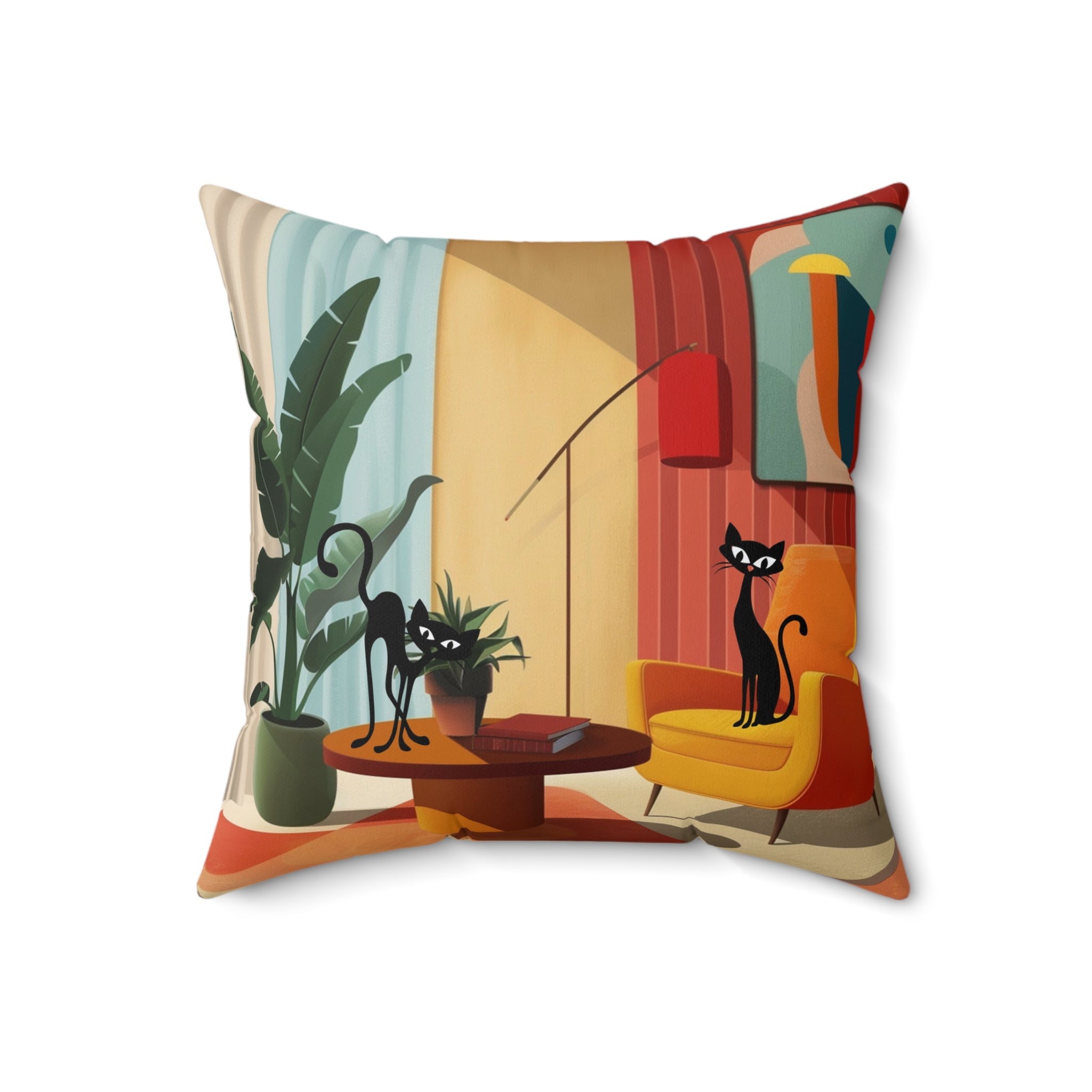 Atomic cat retro Spun Polyester Square Pillow, Mid Century Modern, mancave pillow, living couch scatter throw cushion, black cat lover gift