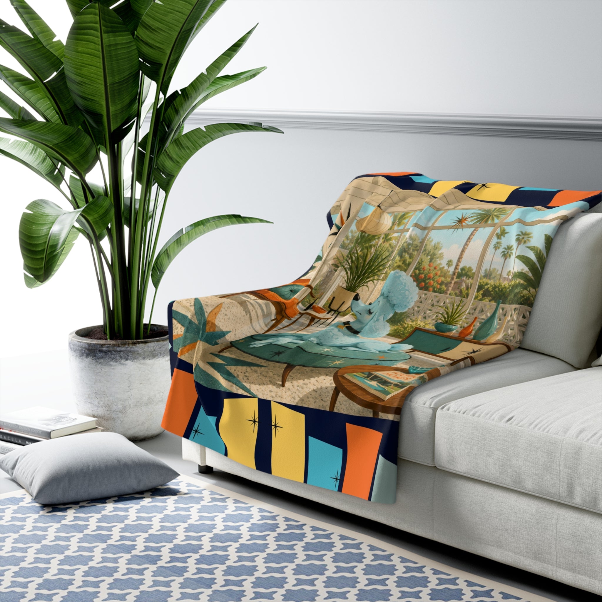 Retro Living Room Poodle Sherpa Fleece Blanket | Mid Century Dog Patio Scene