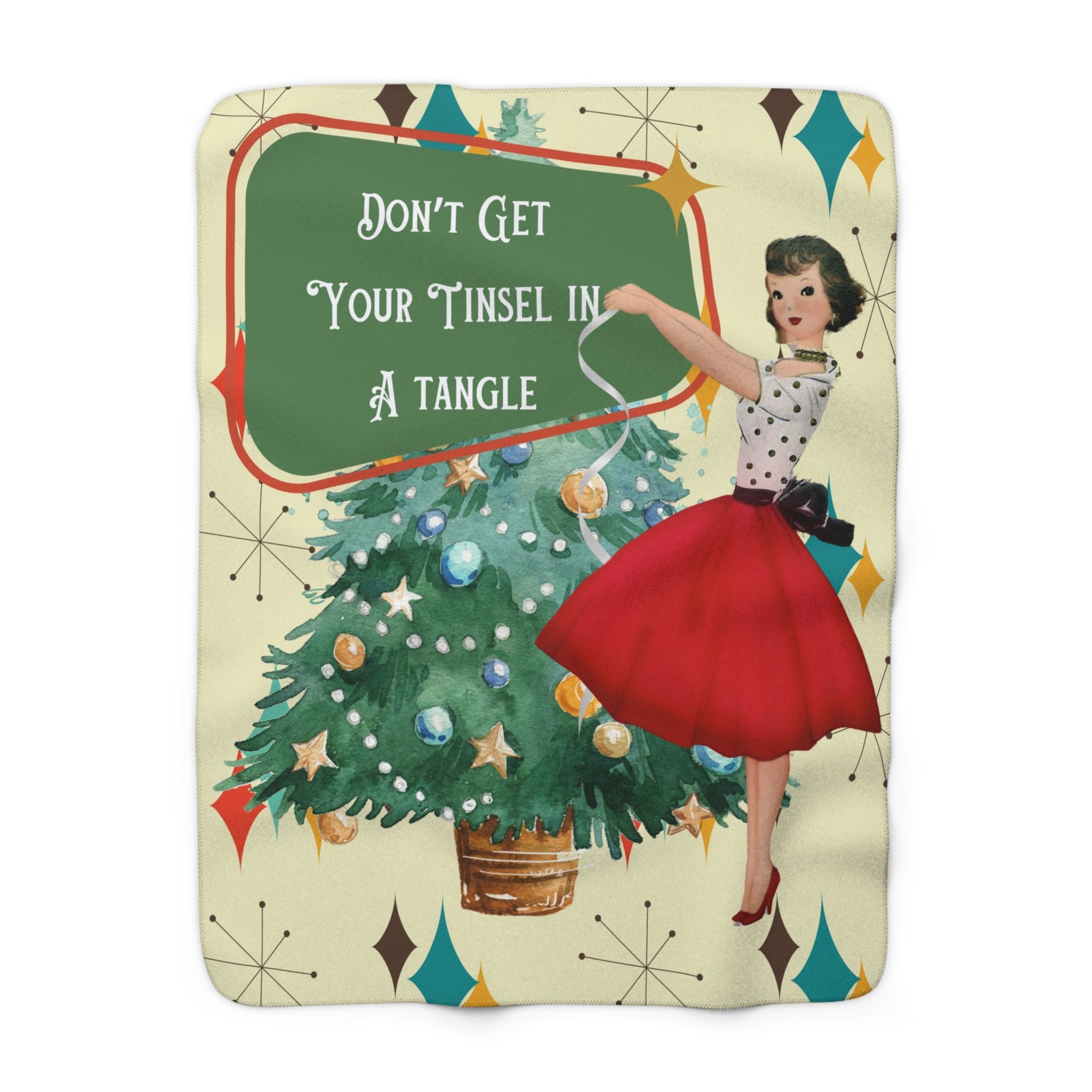 Vintage Christmas Sherpa Blanket — "Don’t Get Your Tinsel in a Tangle" Retro Holiday Throw