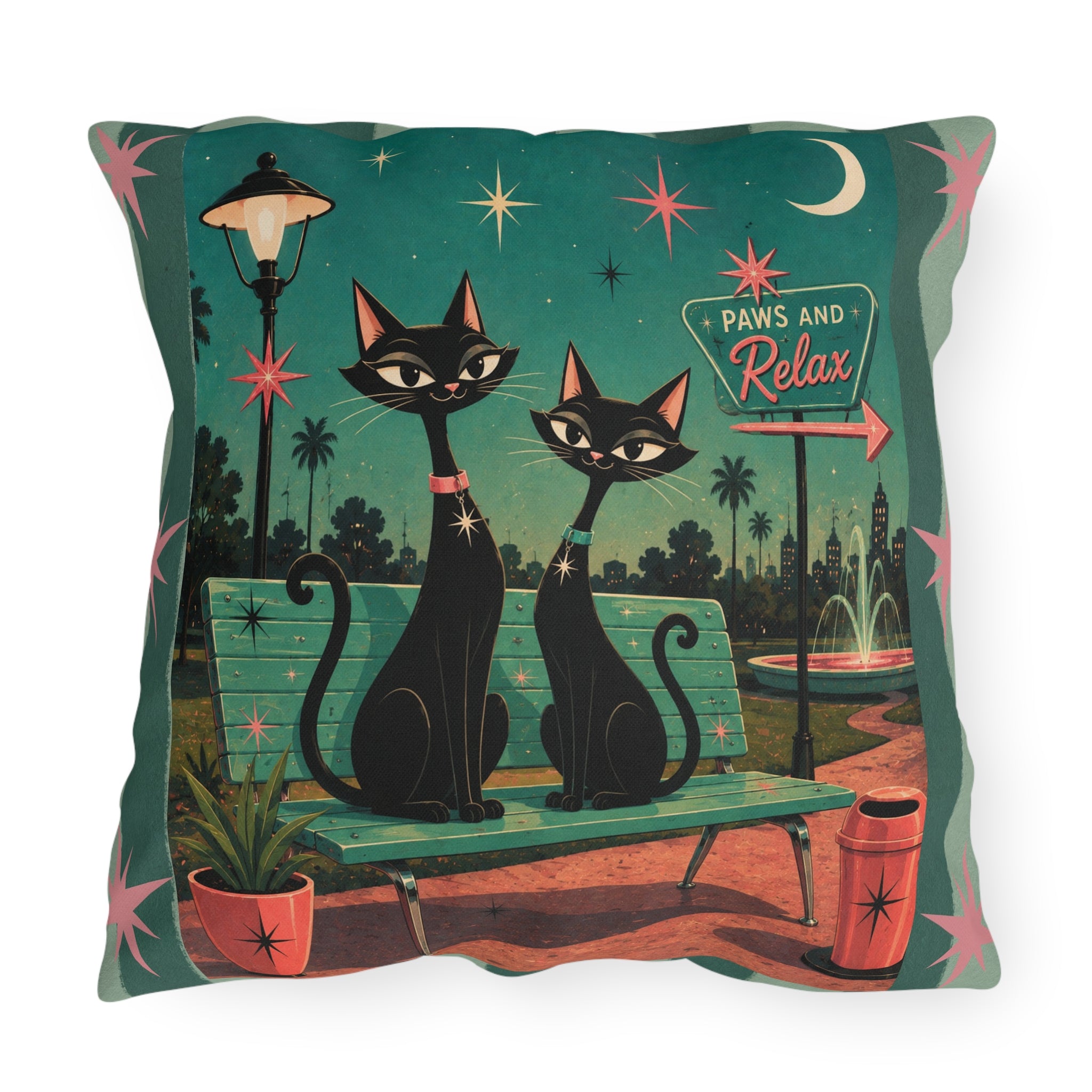 Retro Black Cats Outdoor Pillow | Mid Century Park 'Paws and Relax'