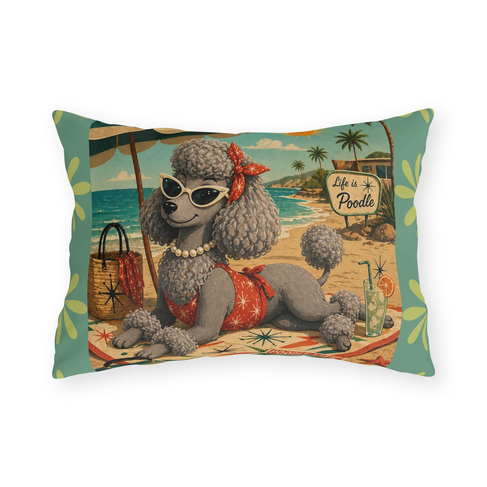 Retro Beach Poodle Outdoor Pillow | Vintage MCM Pinup Dog Tropical Scene