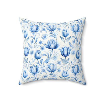 Blue and white floral Dutch Delft design Square Pillow, floral, Farmhouse, country cottage, scatter throw cushion