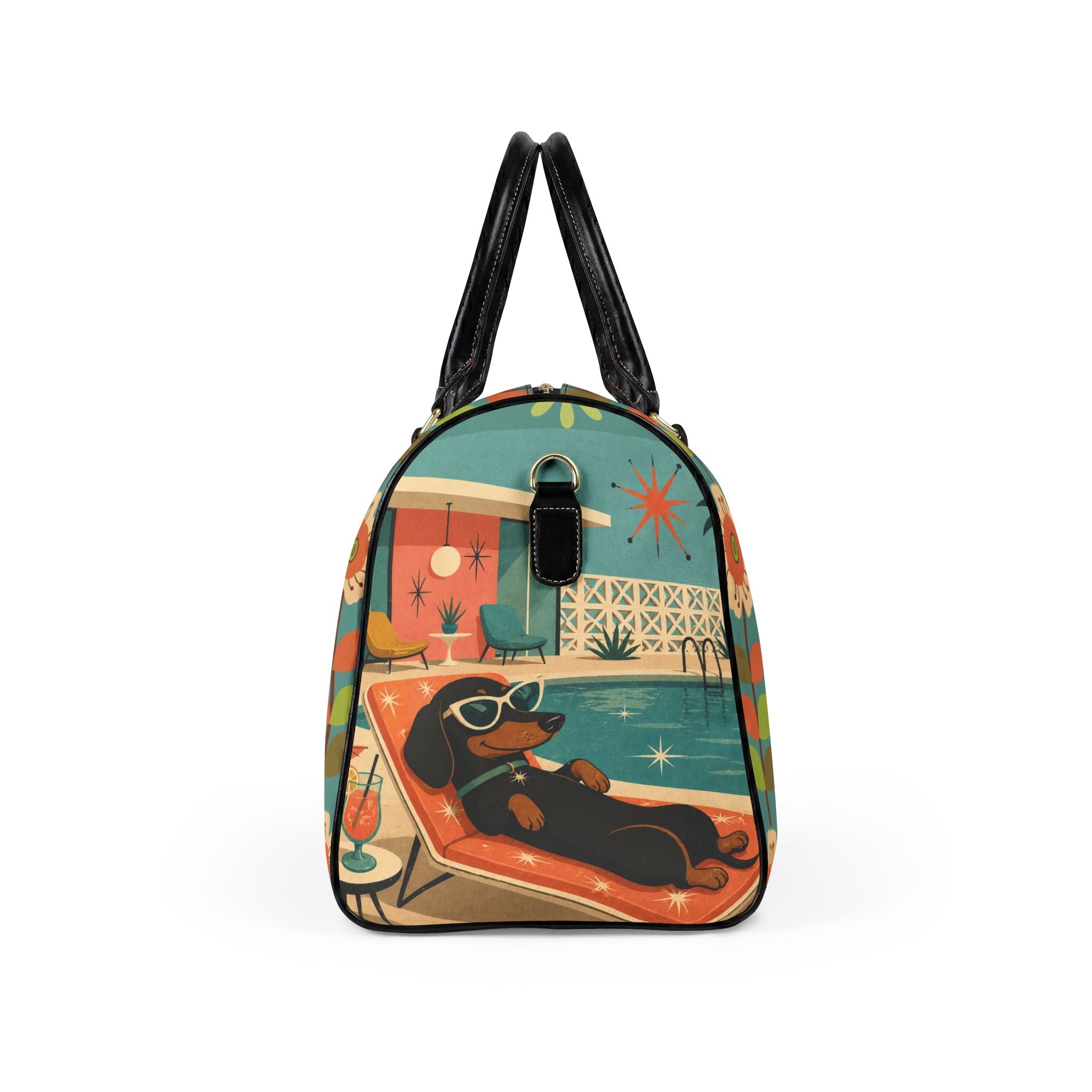 Retro Dachshund Poolside Lounge PU Leather Travel Bag | Vintage Mid Century