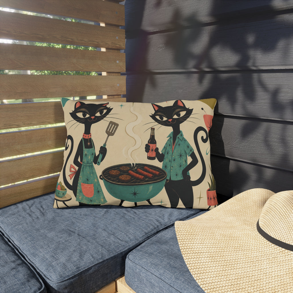 Retro Atomic Black Cats BBQ Outdoor Pillow | Mid Century Modern Cat Grill Decorative Cushion