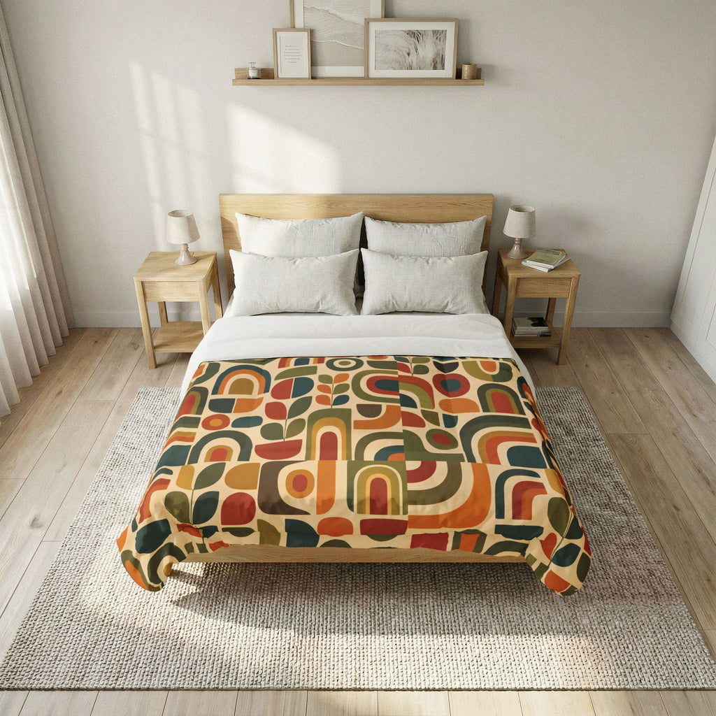 Retro Geometric Pattern Comforter | Mid Century Shapes, Earth Tones