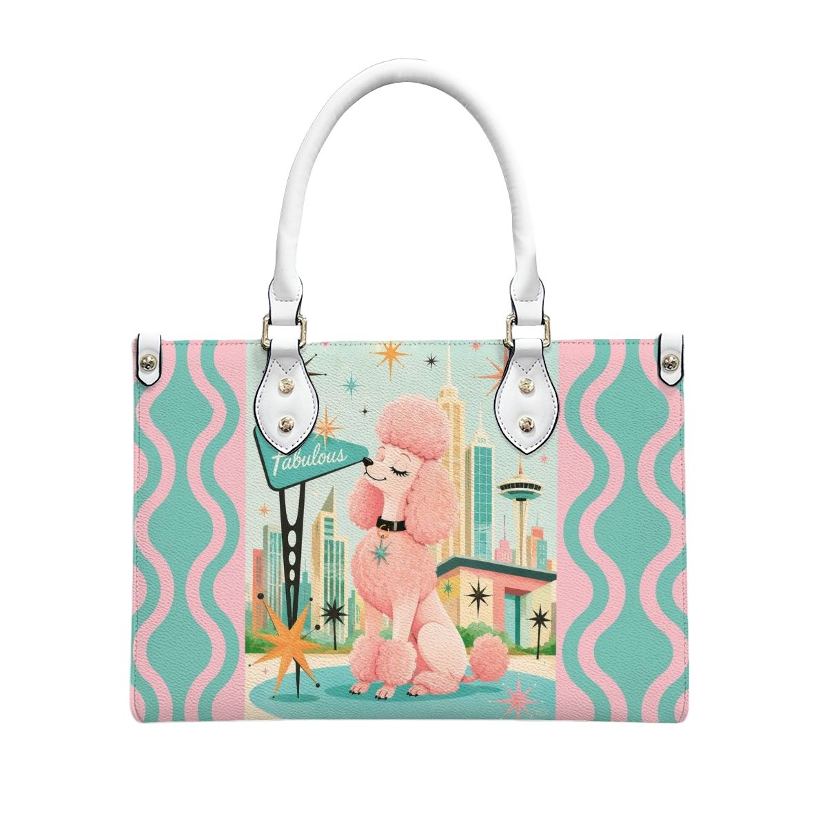 PU leather Tote Bag MCM Pink Poodle handbag, Mid Century Purse